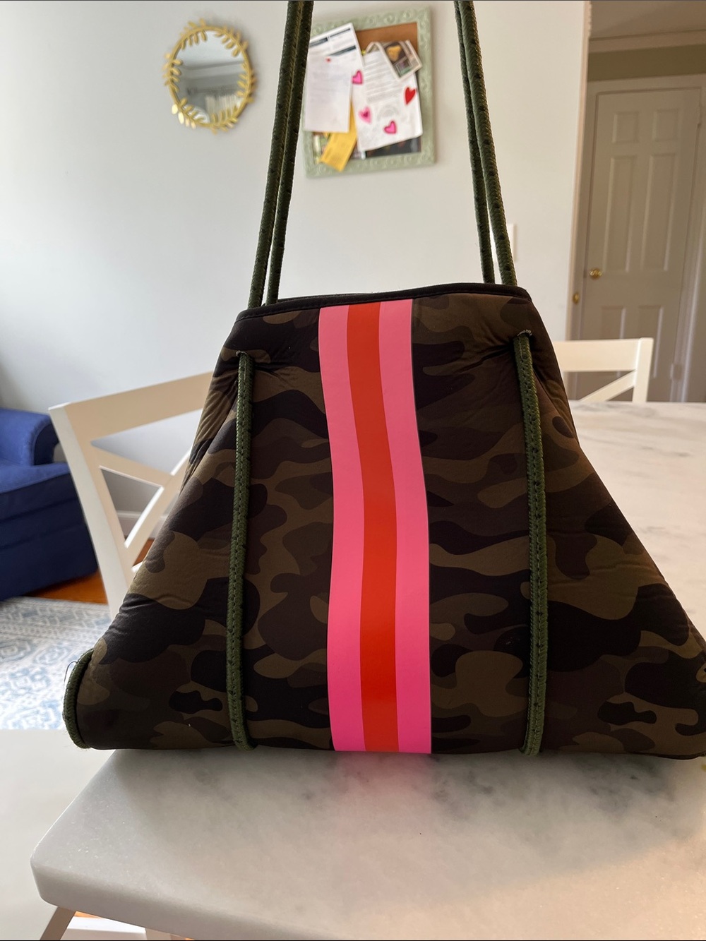 HAUTE SHORE Camo Neoprene Tote with Pink & Red Center Stripe